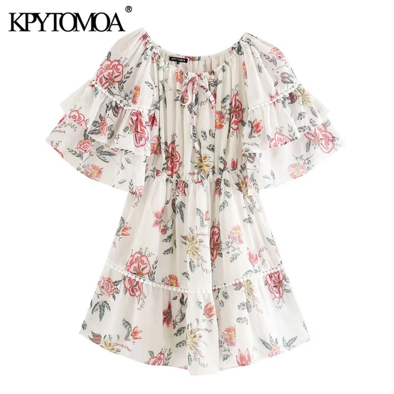 KPYTOMOA Women 2020 Chic Fashion Floral Print Ruffled Chiffon Mini Dress Vintage Slash Neck Short Sleeve Female Dresses Vestidos KPYTOMOA Women 2020 Chic Fashion Floral Print Ruffled Chiffon Mini Dress Vintage Slash Neck Short Sleeve Female Dresses Vestidos