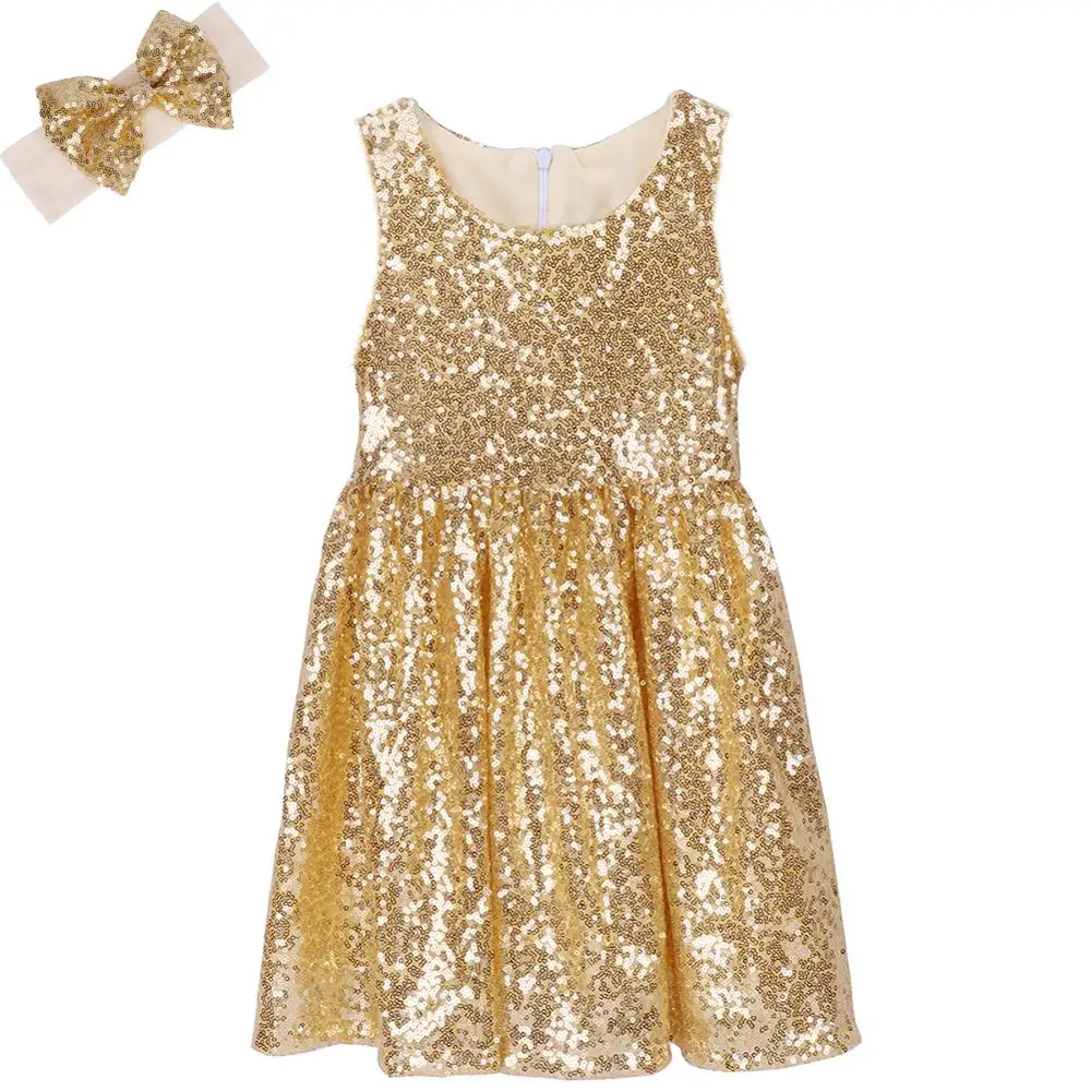 Золотое блестящее платье с блестками для маленьких девочек детское летнее