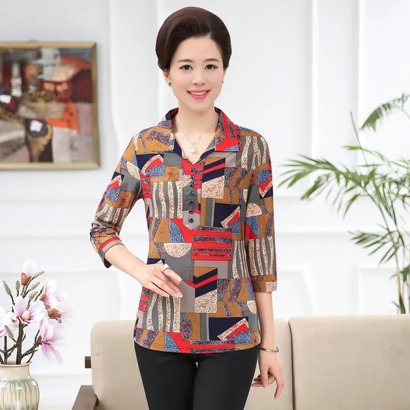 

Spring Summer Women Casual Floral Blouses Yellow Red Turn Down Collar Three Quarter Sleeve Tops Female Leisure Comfort Blouse