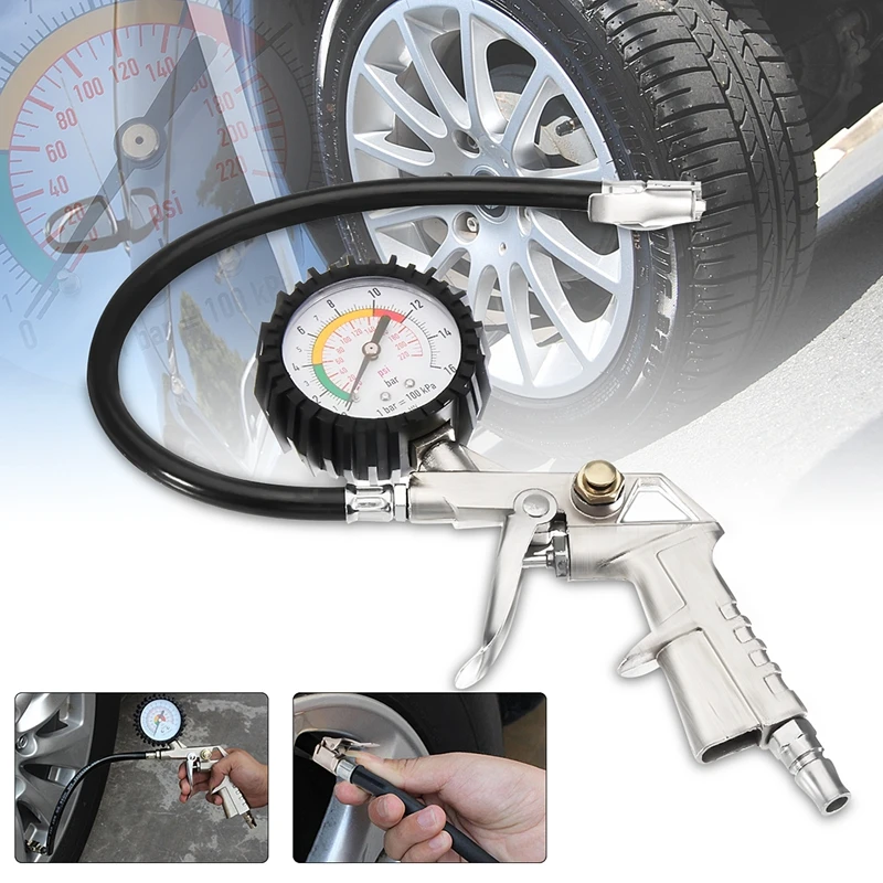 

220Psi Tire Inflator Air Compressor Pressure Gauge Car Tire Black Gauge Locking Chuck Flexible Hose Air Pump With Barometer