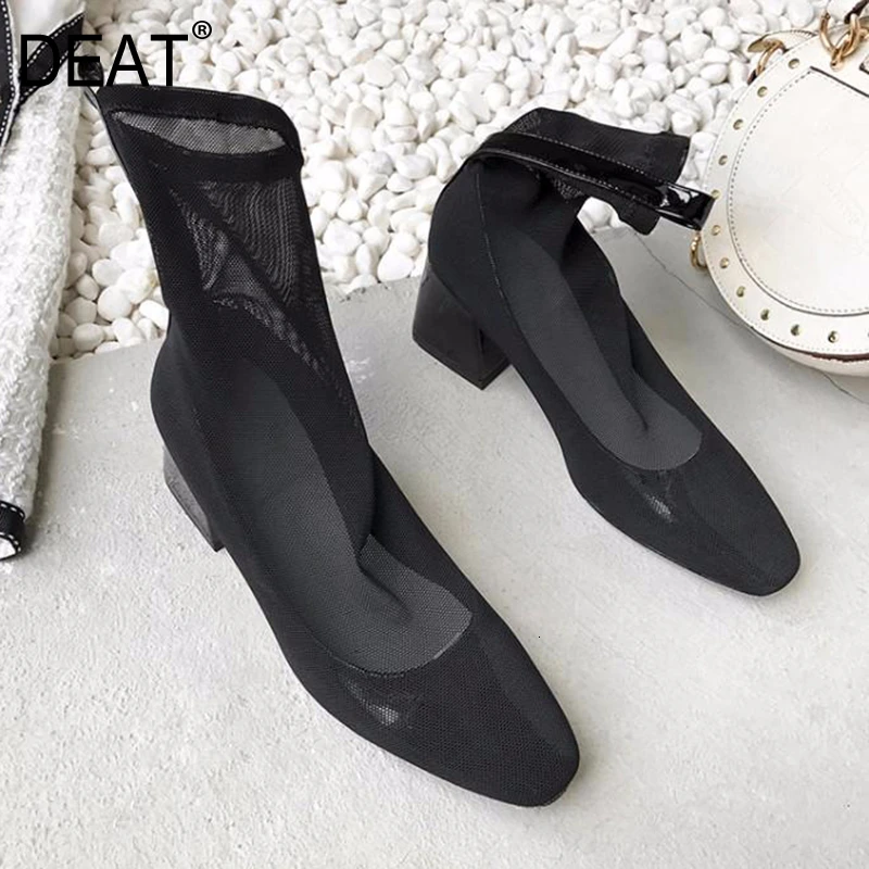 

[DEAT] 2020 Square Toe Mesh Cloth Black Casual Single Shoes Women Low Heels Short Boots New Spring Autumn Fashion Tide 10F167