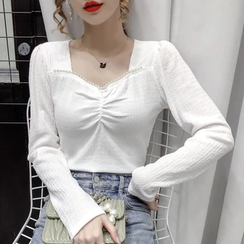 

COIGARSAM French Style Full Sleeve blouse women New Spring Pearl blusas womens tops and blouses White Black Apricot 3101