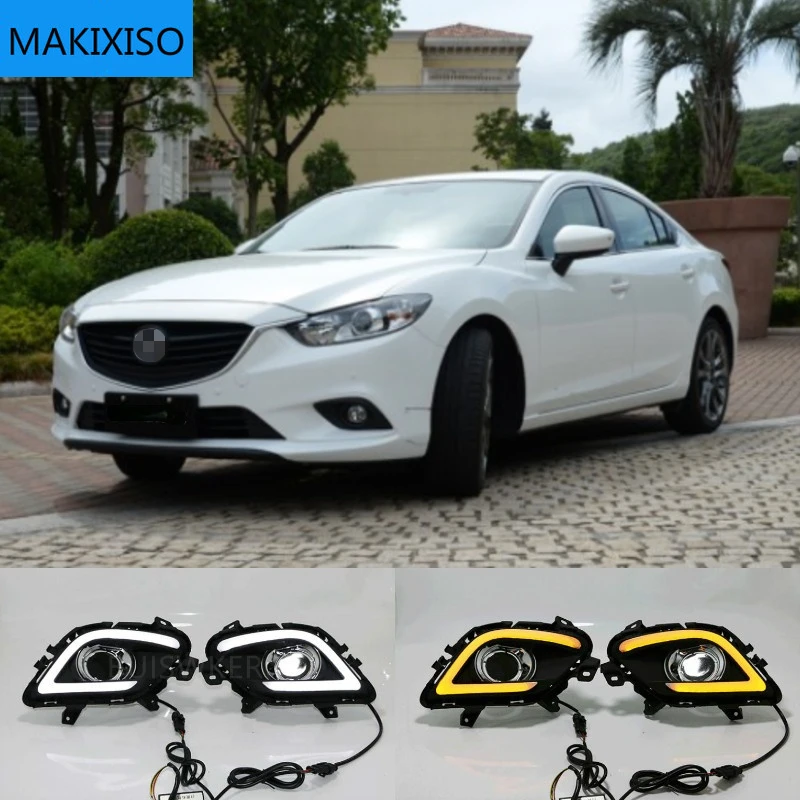 

Реле поворота и затемнения, 12 В светодиодный ные Автомобильные дневные ходовые огни DRL с отверстием для противотуманной фары для Mazda 6 Atenza 2014-2016