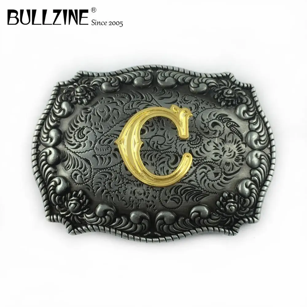 The Bullzine letter C belt buckle with pewter and gold finish FP 03687