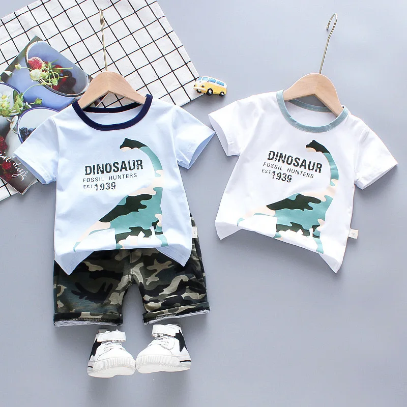 Summer Baby Boy Clothes Children Clothing Sets Toddler Dinosaur Short Sleeve Shirts +Camouflage Suit |