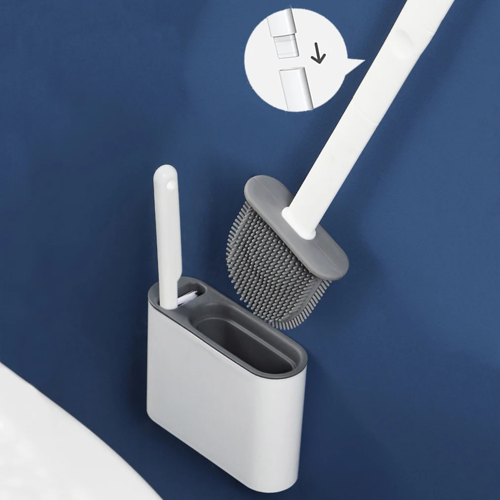 Flat Toilet Brush With Holder Set Long Handled Tpr Silicone Cleaner