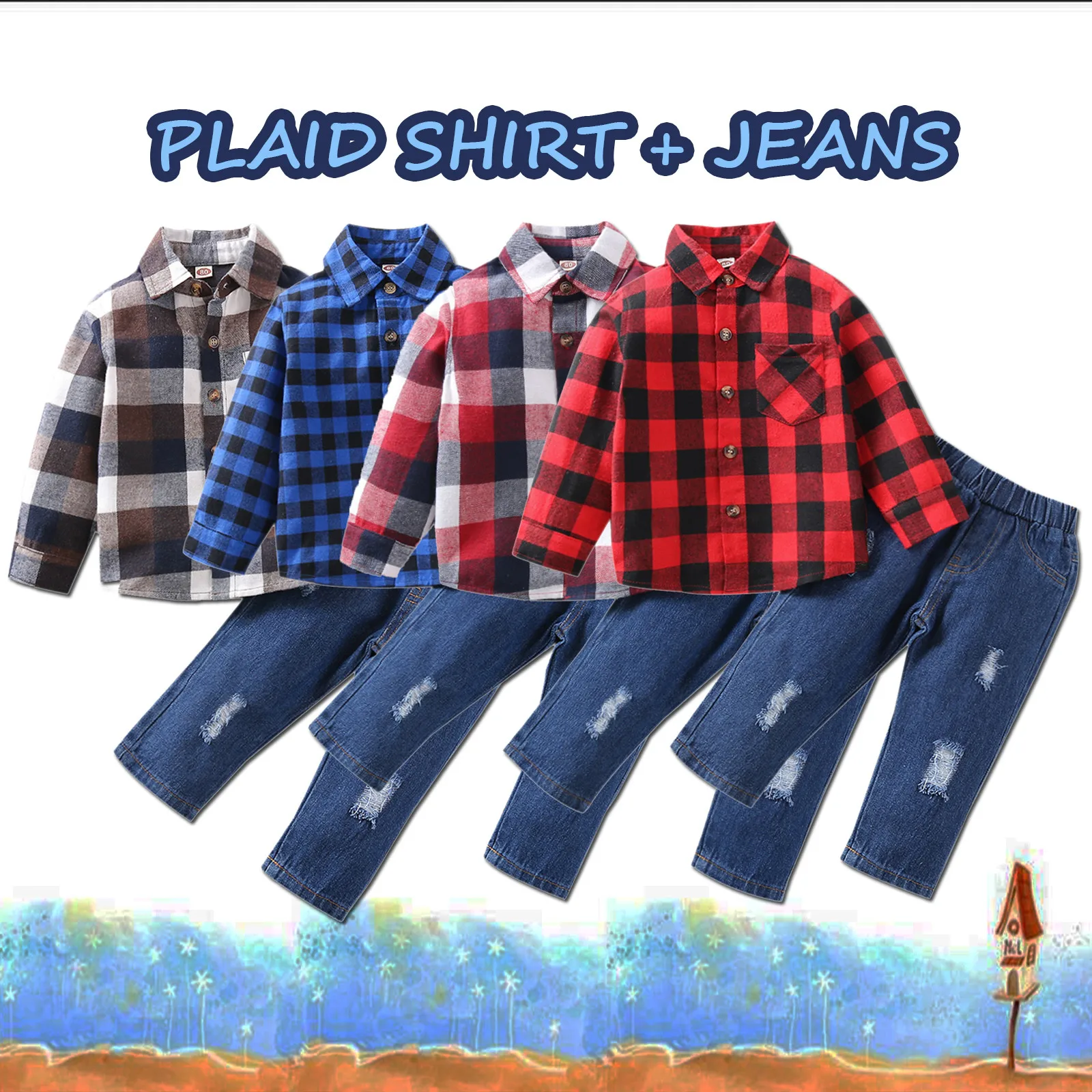 

12Months-5Years Toddle Baby Kids Boys Plaid Checked Shirt Tops+Ripped Jeans Set Outfits Clothe Student outfit All-match warm M5