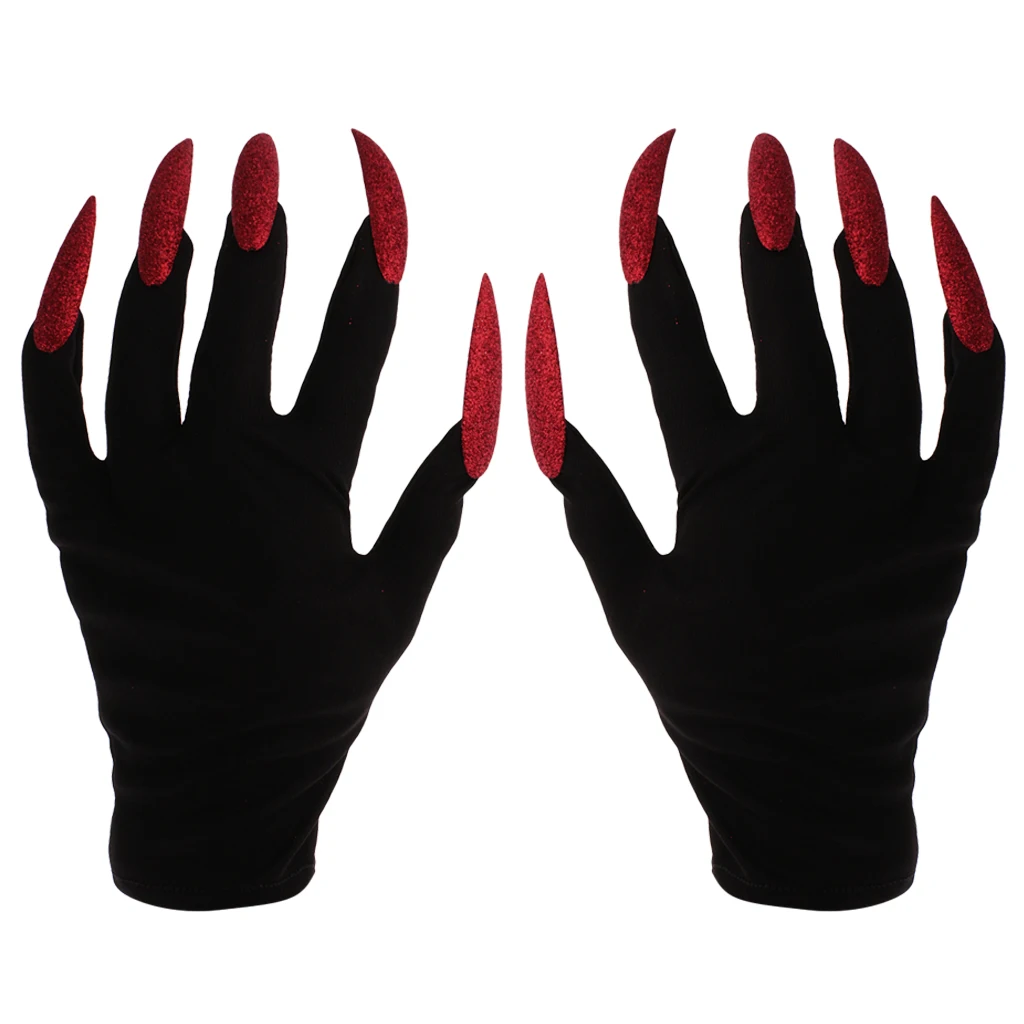 Scary Devil W/ Red Glitter Nails Halloween Party Gloves Costume Fancy Dress