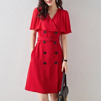 

Summer Office Lady Red Black Dresses Elegant V-neck Short Sleeve Chiffon Patchwork Slim Solid Casual Pockets Women A-line Dress