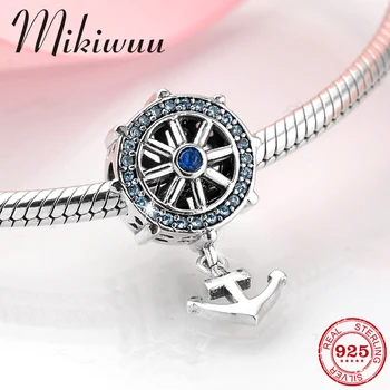 

Fashion 925 Sterling Silver boat anchor blue crystal CZ fine pendants bead Jewelry making fit Original Mikiwuu Charms Bracelet