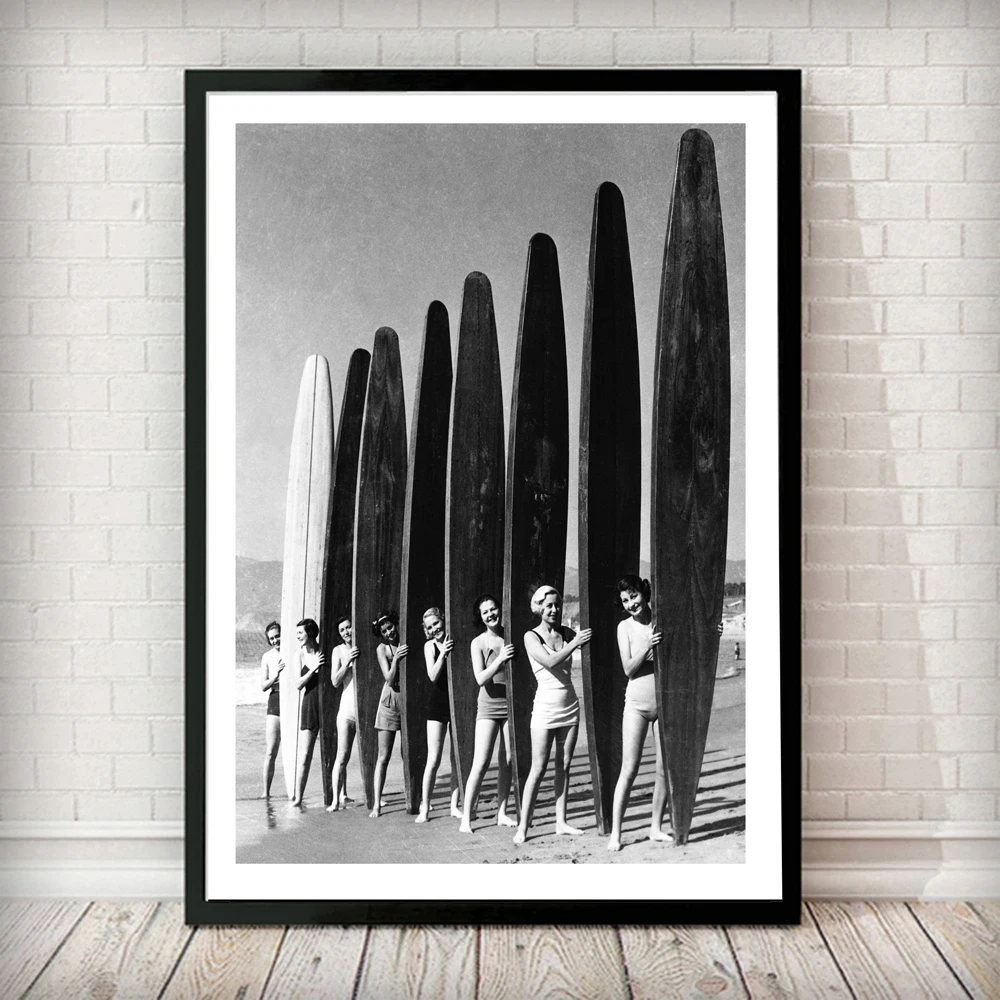 Surf models Vintage  Art Print Poster For Glass Frame Black White long Boards