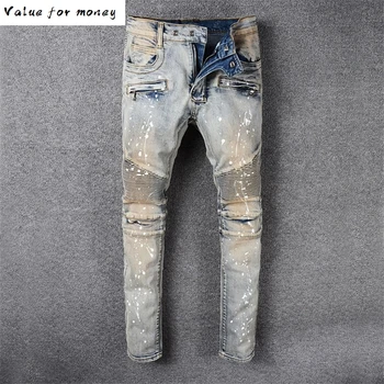 

New Ripped Fashion Italian style Jeans Men Patchwork Hollow Out Printed Beggar Cropped Pants Man Cowboys Demin Pants Male