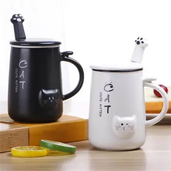 

Ceramic Cute Cat Coffee Mug Office Water Drinking Cup Milk Cups and Mugs With Lids and Spoon White Black Pink Blue Mug For Home