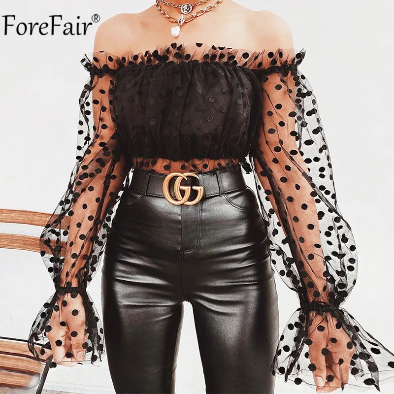 Forefair с открытыми плечами сетчатая прозрачная блузка женская черная сексуальная