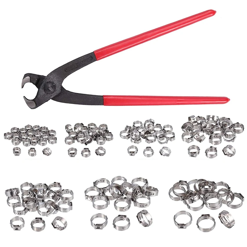 

Single Ear Stepless Hose Clamps 130Pcs 5.8-21Mm 304 Stainless Steel Cinch Clamp Rings Single Ear Hose Clamp Crimper Tool Kit
