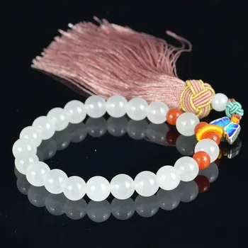 

Natural white jade beads bracelet 10mm 33 beads jade bracelets with tassel for prayer jadite jade jewelry christmas bracelet