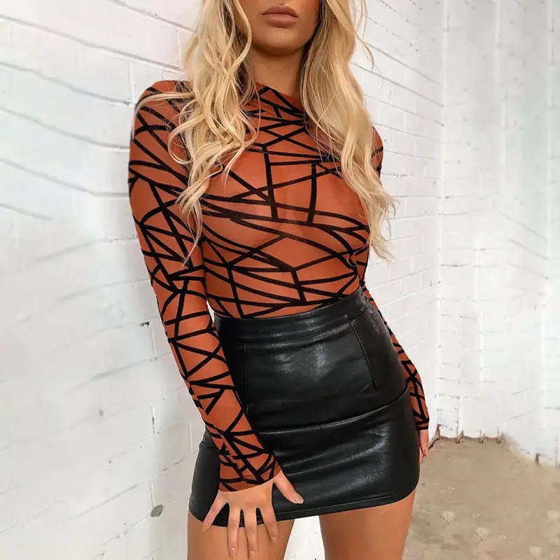 Geometric Mesh Women Bodysuit Without Bra Sexy Romper Long Sleeve See Through Bodycon Bodysuits 2020 Autumn Winter |