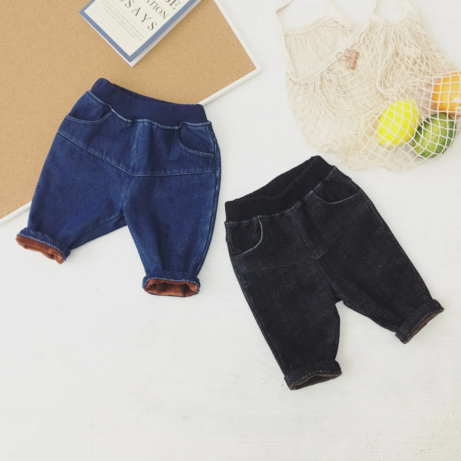 

2018 Crawler Winter Style New Style Men And Women Baby Korean-style Double Layer Brushed And Thick Baby Jeans