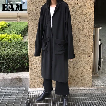 

[EAM] Women Black Biref Big Size Long Trench New Hooded Long Sleeve Loose Fit Windbreaker Fashion Tide Spring 2020 JX270