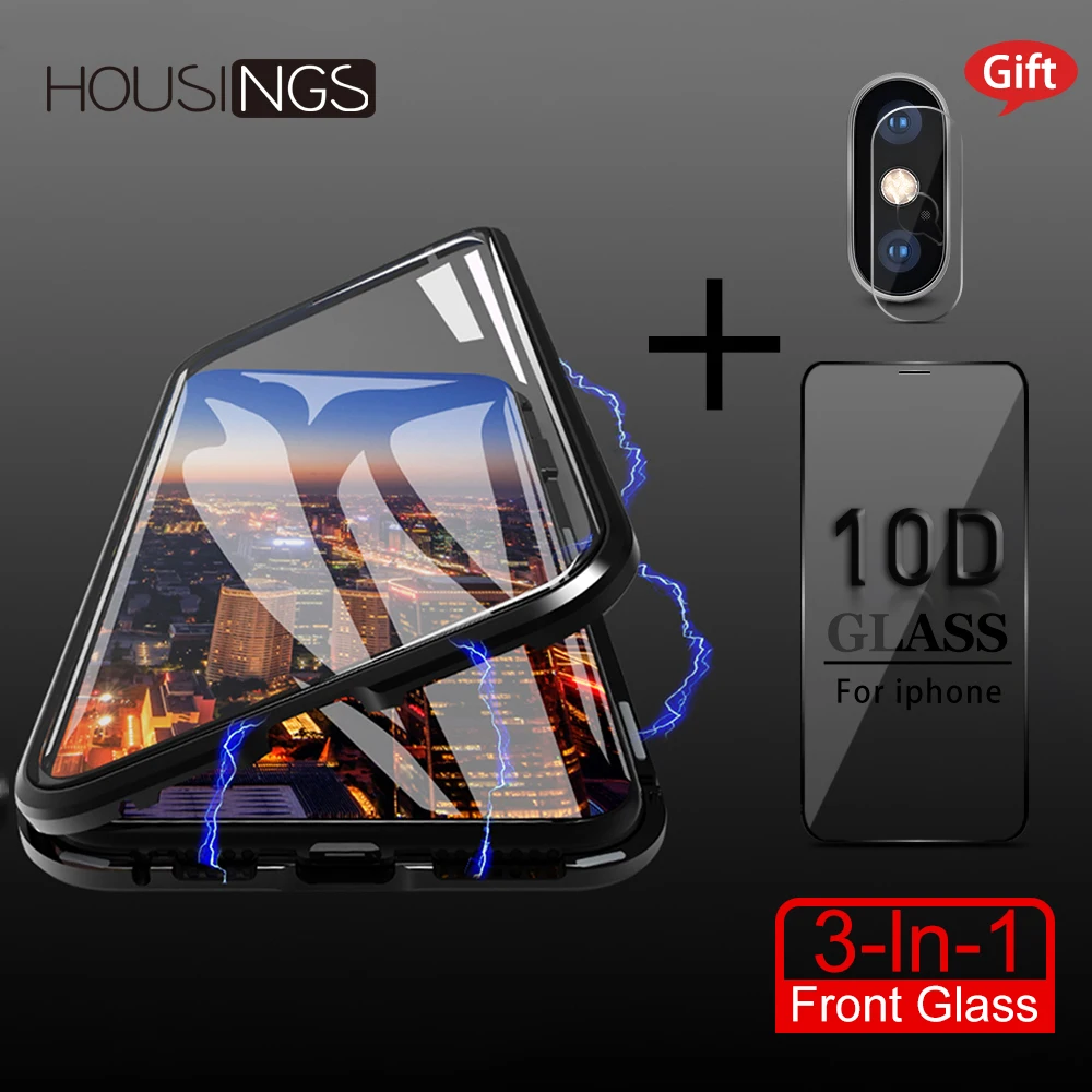 

Metal Magnetic Adsorption Case For iPhone XR 7 8 6s Plus XS XS Max Screen Protector Tempered Camera Lens Film Glass Magnet Cover