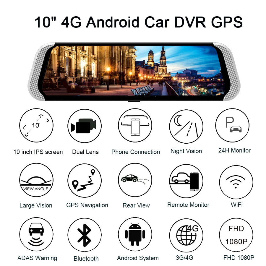 10 дюймов 4G Автомобильный видеорегистратор Камера ADAS Android Dvr авторегистрация с gps-навигацией Full HD 1080P видеорегистратор две камеры s Vehicele