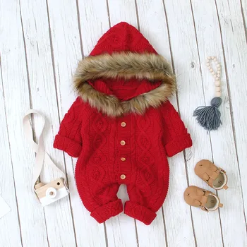 

Baby Romper Girl Boy Faux Fur Collar Knitted Hooded Sweater Long Jumpsuit Newborn Clothes Toddler Kids Warm Winter Clothes 19Nov