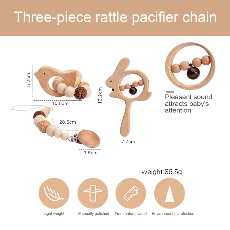 3pcs/Set Baby Wooden Rattle Teething Toy Baby Music Rattles Pacifier Chain Clip Rodent Animal Newborn Educational Toy Nurse Gift