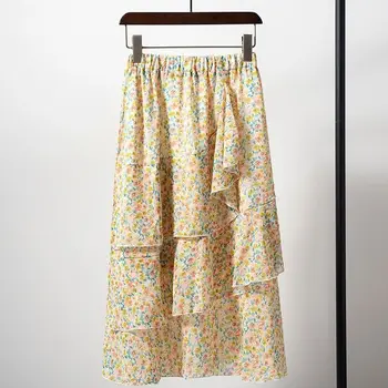 

Casual Summer Skirts Womens irregular Elastic High Waist Jupe Femme Print Floral Long Pleated Skirt Chiffon Ruffles Faldas Mujer