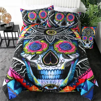 Sugar Skull by Pixie Cold Art Bedding Set Floral Duvet Cover Set Colorful Rose Flower Bedclothes Gothic Home Textiles 3-Piece 6