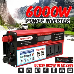 Inversor de energía Solar para coche, transformador de voltaje de onda sinusoidal modificada, convertidor de carga, 6000W, 4USB, DC12/24V a AC 220V