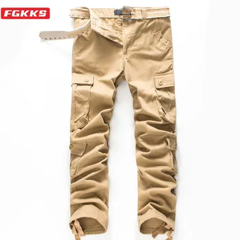 

FGKKS New Men Cargo Pants Autumn New Men's Fashion Wild Straight Full Length Pants Solid Color Multi-Pocket Pants Male