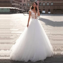 ТРАПЕЦИЕВИДНОЕ Тюлевое свадебное платье с коротким рукавом Кружевное Свадебное платье с аппликацией Иллюзия Vestido De Noiva со шлейфом на заказ