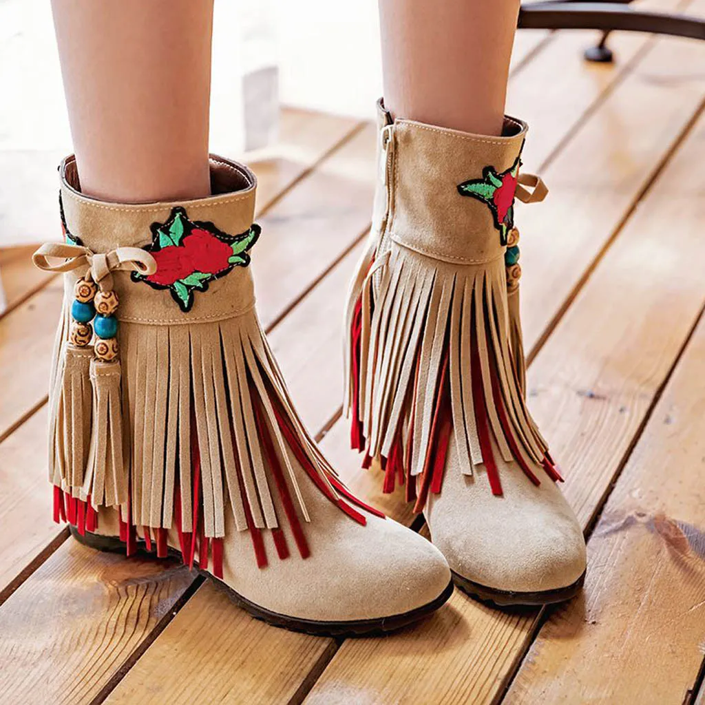 

2019 Large Size Low Heels Bohemian Ankle Boots Woman Flock Short Plush Zipper Fringe Tassel Embroider Nomadic Shoes Female