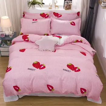 

4pcs Pink Strawberry Pastoral Kawaii Bedding Set Luxury Queen Size Bed Sheet Children Quilt Soft Comforter Bedding Sets For Girl