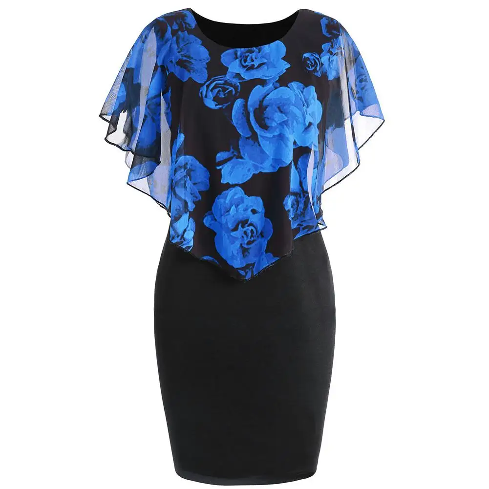 

New Fashion Women Dress Plus Size O-Neck Elegant Rose Flower Print Cape Bodycon Knee Length Office Lady Party Midi Pencil Dress