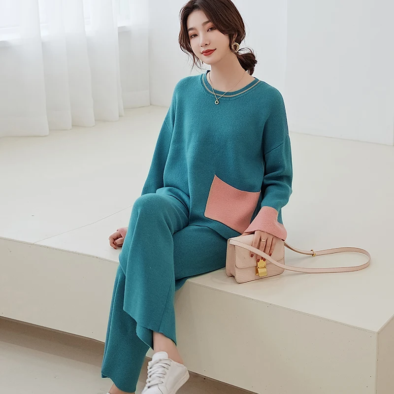 

New Women Autumn Winter 100% Cashmere Wool Knitted Warm Suit O-neck Sweater + Cashmere Pants Loose Style Two-Piece Set Knit Coat
