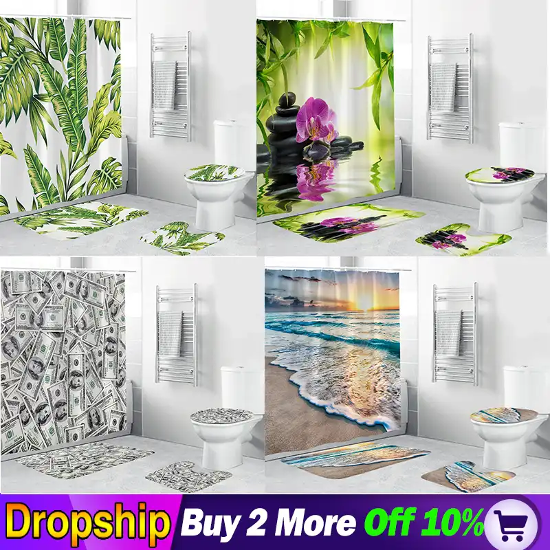4 Pcs Dollar Forest Beach Pineapple Cactus Peacockshower Curtain Pedestal Rug Lid Toilet Cover Mat Bath Mat Bathroom Decor 3d Bathroom Accessories Sets Aliexpress