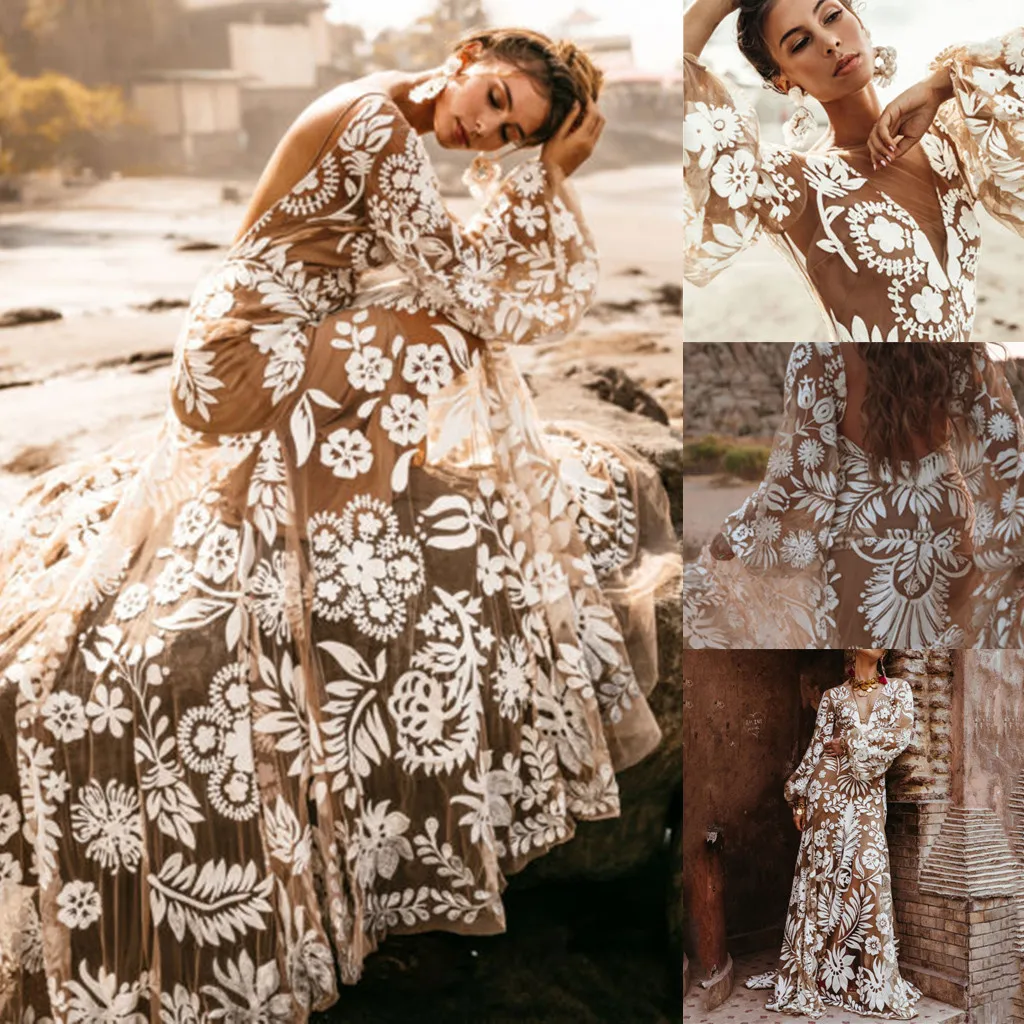 

Sexy Women Summer Casual Dress Lace Long Evening Party V-Neck Evening Gown Dress Mesh Embroidered Lantern Sleeve Open Back Dress