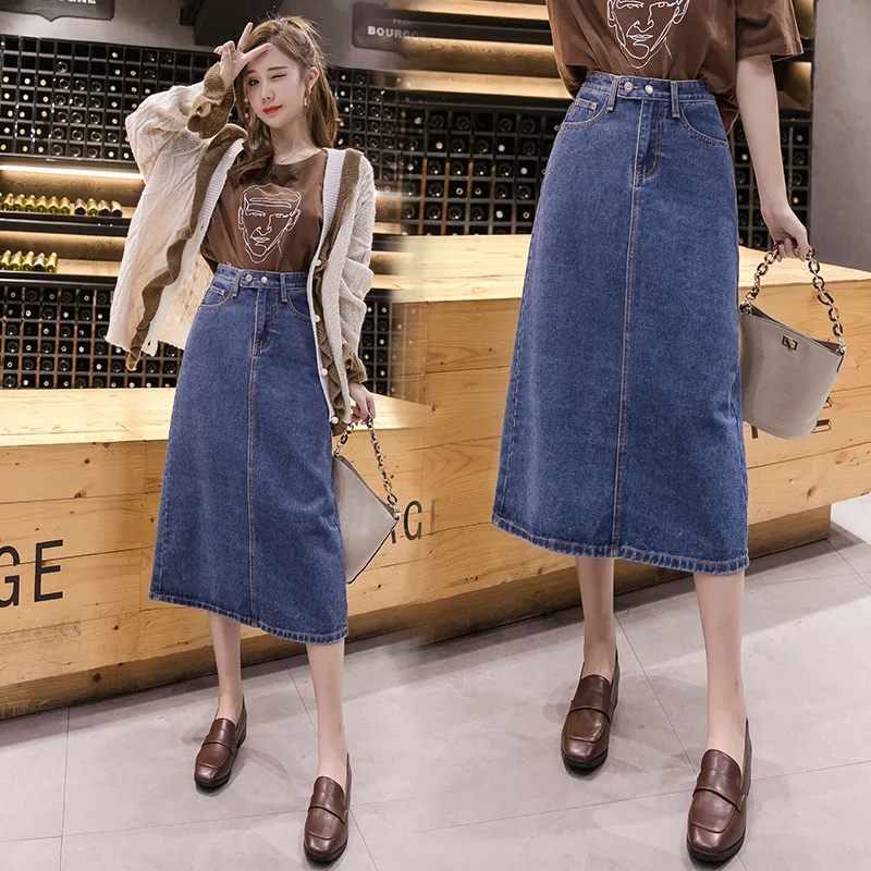 

2020 Spring And Summer New Style Korean-style Mid-length Large Size Dress Mm200 Jin High-waisted Denim Skirt Skirt Women's A- li