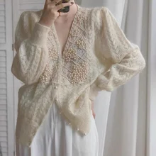 

New Fashion Women's Pure Color Temperament Cardigan Retro V-neck Long Sleeve Sweet Knit Sweater Elegant Basic Sweater White Top