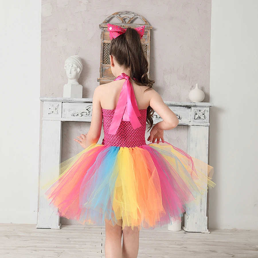 Jojo Siwa Inspired Girls Tutu Dress with Deluxe Bow Sparkly Rainbow Girls Princess Dress Kids Birthday Party Halloween Clothes (28)