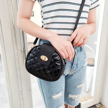

Women Lingge Embroidery Thread Bag Zipper PU Round Single Shoulder Messenger Bags NIN668