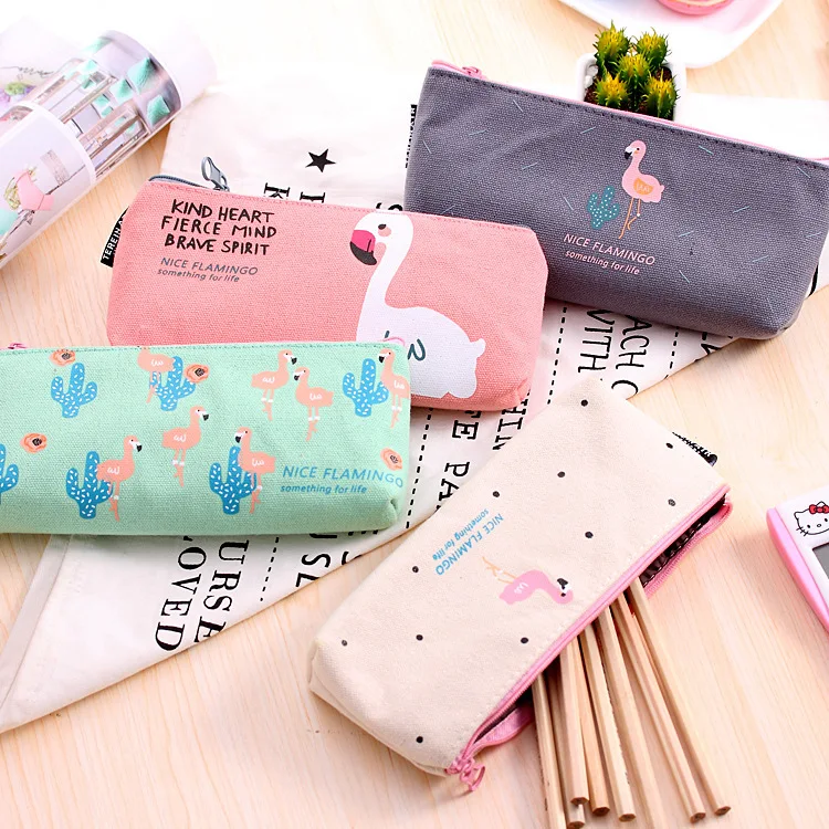 

Korean-style Flamingo Canvas Pen Bag Men And Women Students Stationery Bag Pencil Case Stationery Cartoon Lead Pencil Case
