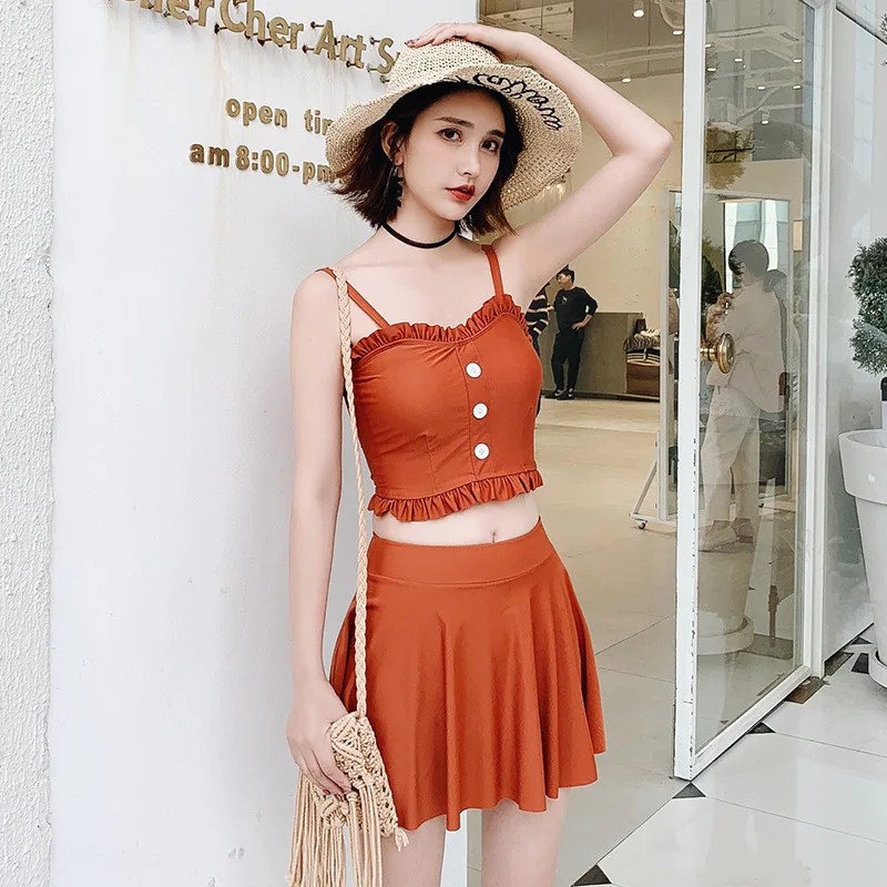 

Gu lang yu Solid Color Hipster Button-up Two-piece Swimsuits Women's 2019 New Style WOMEN'S Swimsuit Spa Resort Bathing Suit