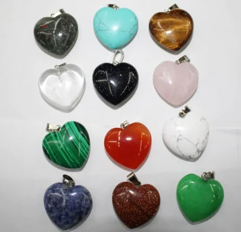

wholesale natural stone Quartz crystal agates mixed charms 25mm heart pendants for diy jewelry making necklace 12pcs/lot