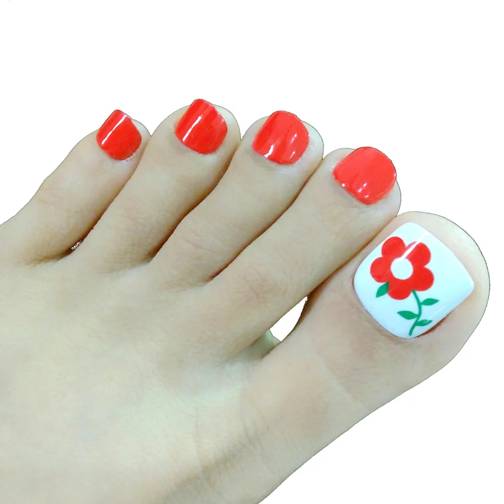 

24 Pcs Artificial Fake Toe Nails Red False Toenail Flowers Foot Nail Art Lady Salon Manicure Tools