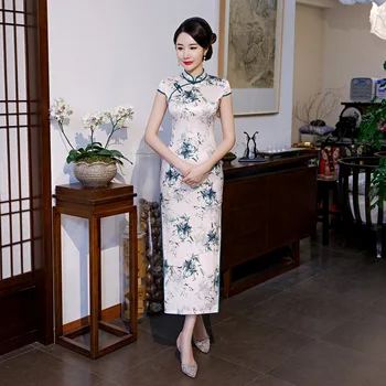 

Spring Short Sleeve Classic Women Cheongsam Elegant Long Sexy Qipao Summer Print Dress Mandarin Collar Plus Size 3XL 4XL 5XL