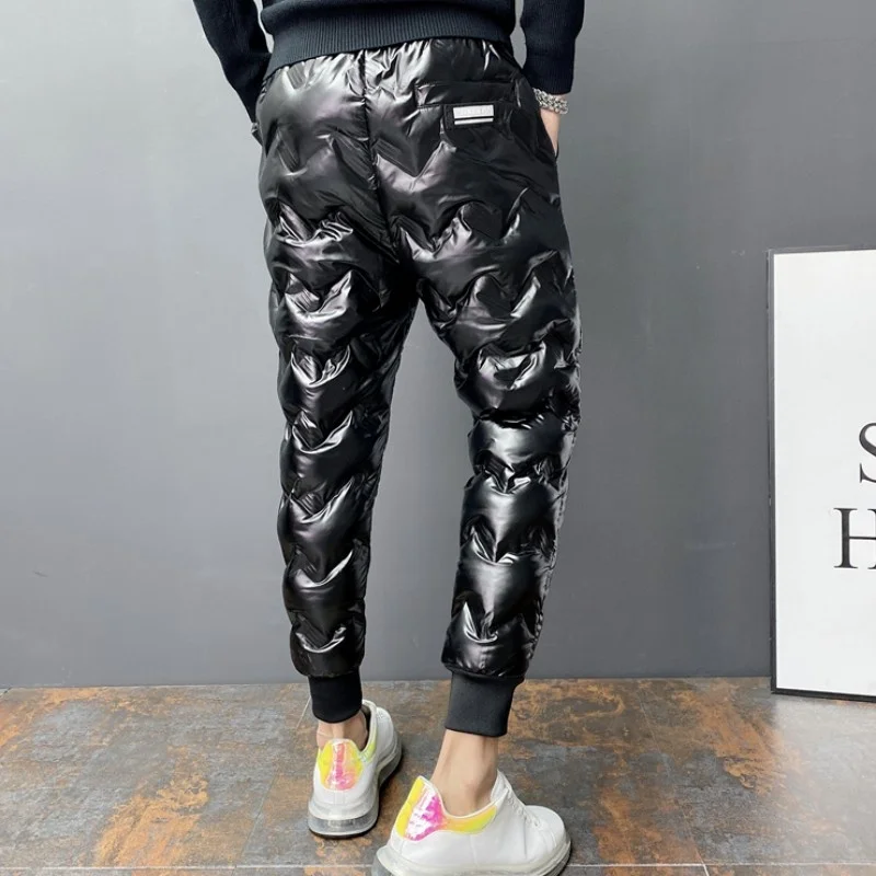 

Men Winter Fashion Glossy Thickening Cotton Harem Pencil Pant Micro-Elasticity Casual Pants Drawstring Pocket Male Streetwear
