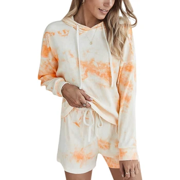 

Autumn Ribbed Pajama Sets Women Homewear Long Sleeve Hooded Tops Bandage Elastic Shorts Tie Dye Print Casual Sleepsuit Two Piece