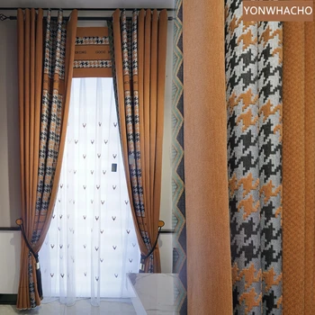 

Custom curtains American living room luxury Nordic modern shading chenille orang cloth blackout curtain tulle panel C1110